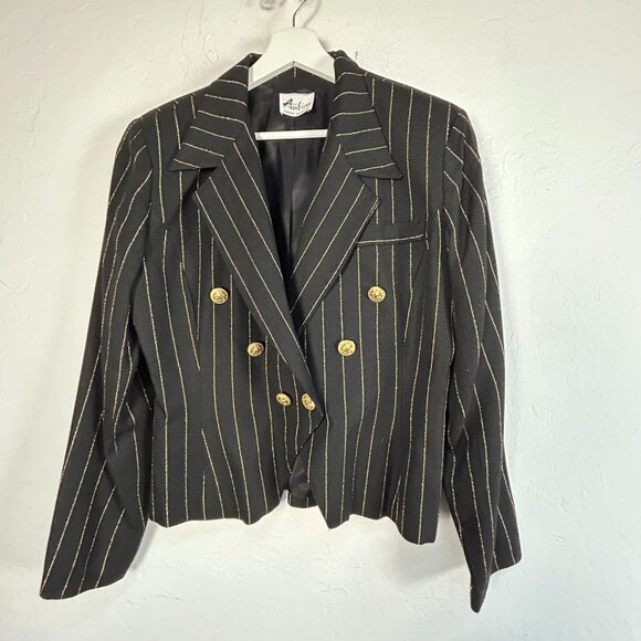 Audio Connie Anderson Womens Pinstripe Double-Breasted Blazer Jacket Black Gold - Picture 1 of 7